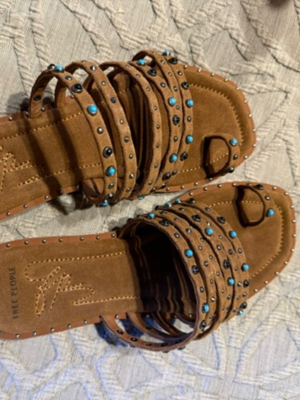 Free People Brown Suede Studded Slide Sandals with Turquoise Accents